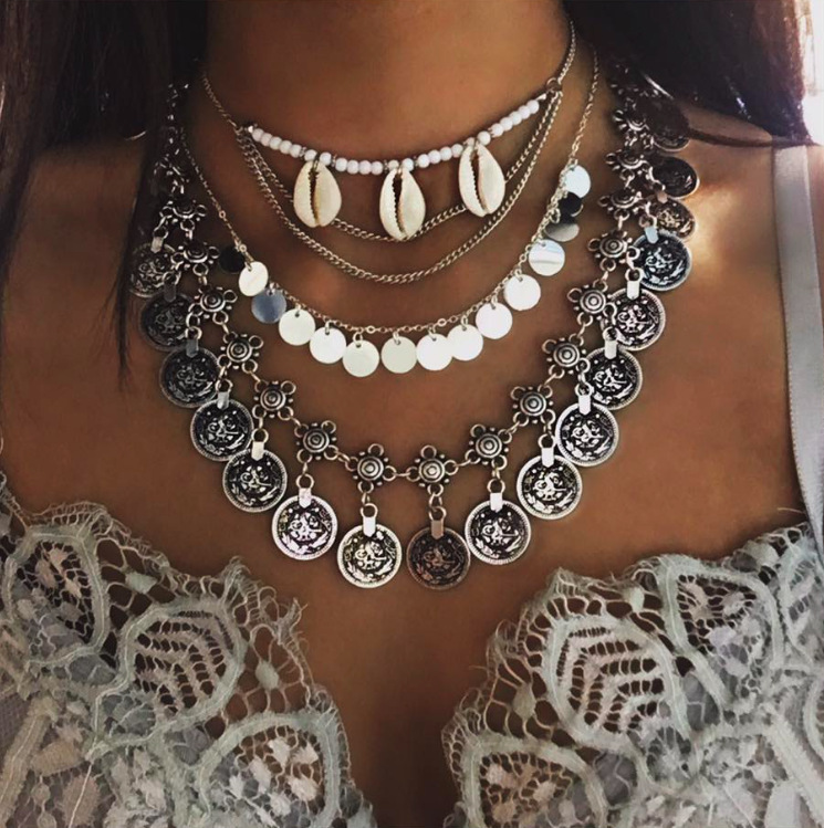 Explosive fashion women's coin retro tassel multilayer necklace electroplating alloy torque chain pendant locket choker necklet