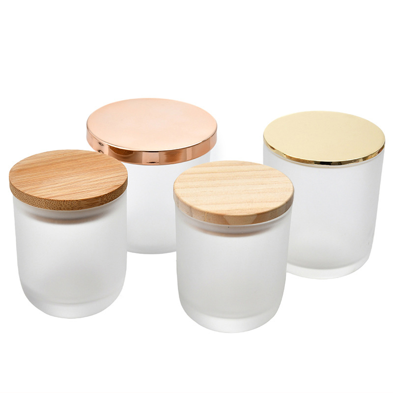 custom Luxury Candle Jars With Wooden Lid In Bulk For The bar Decor Empty Frosted Glass Candle Vessels Container Holders