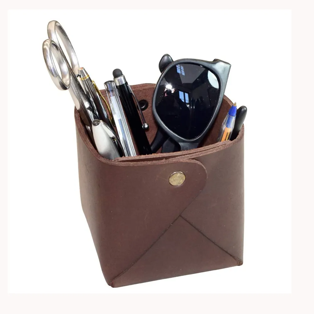 Custom office desk pen holder folding storage leather pencil holder home multifunction desk organizer