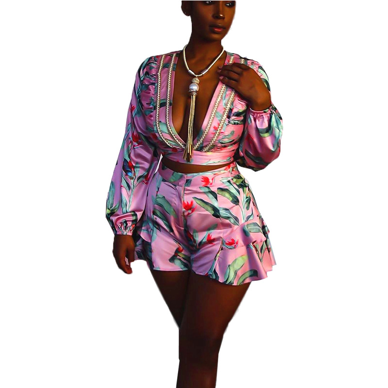 Autumn 2021 new print sexy low collar long sleeve blouse and shorts deep v two-piece for women
