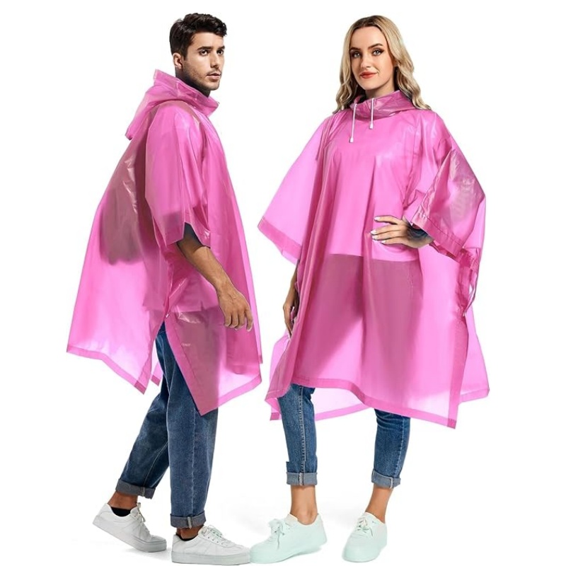 ISO9001 factory Custom Logo Unisex Long Adult EVA Plastic Portable Pullover Rain Poncho with Buttons and drawstring rain cape