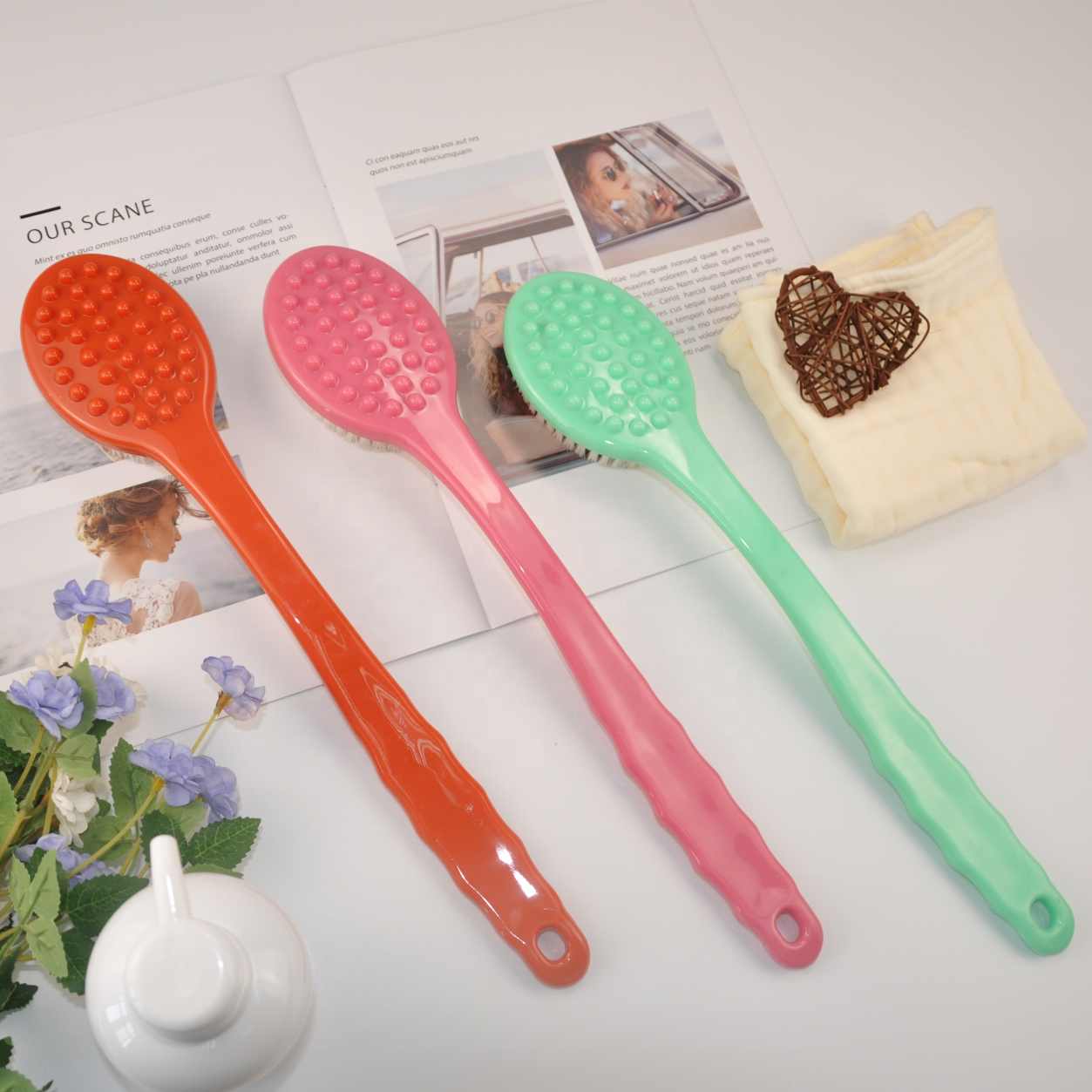 long Handle plastic bath shower back body scrubber Bath Body Cleaning double side massage bath brush