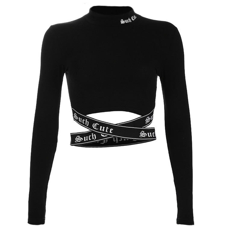 wholesale trendy turtle neck cotton long sleeve crop top sweatshirt strap belt sexy