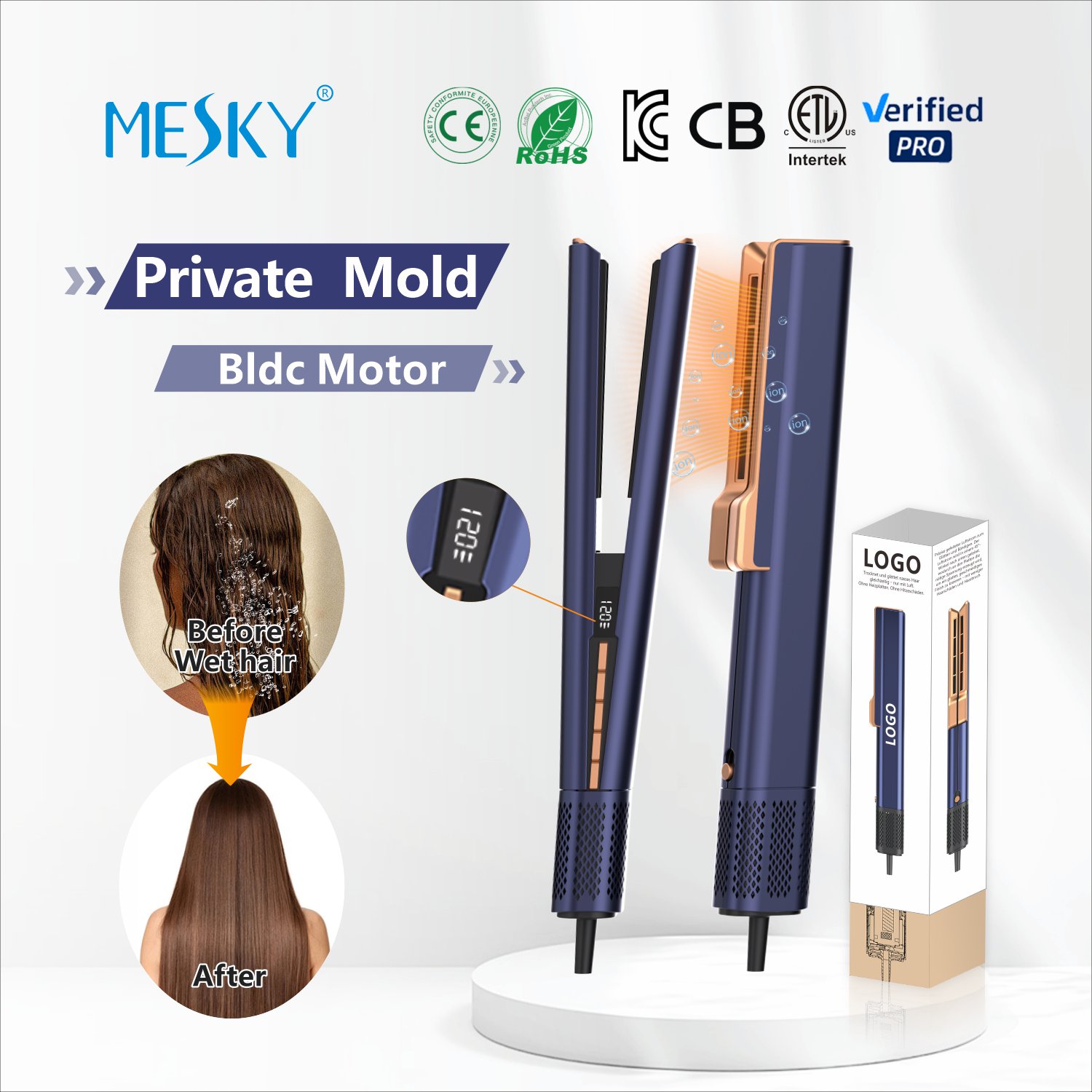 Mesky Custom Logo Negative Ion Electric hot Comb Flatirons hair dryer Straightener Curling Iron Set