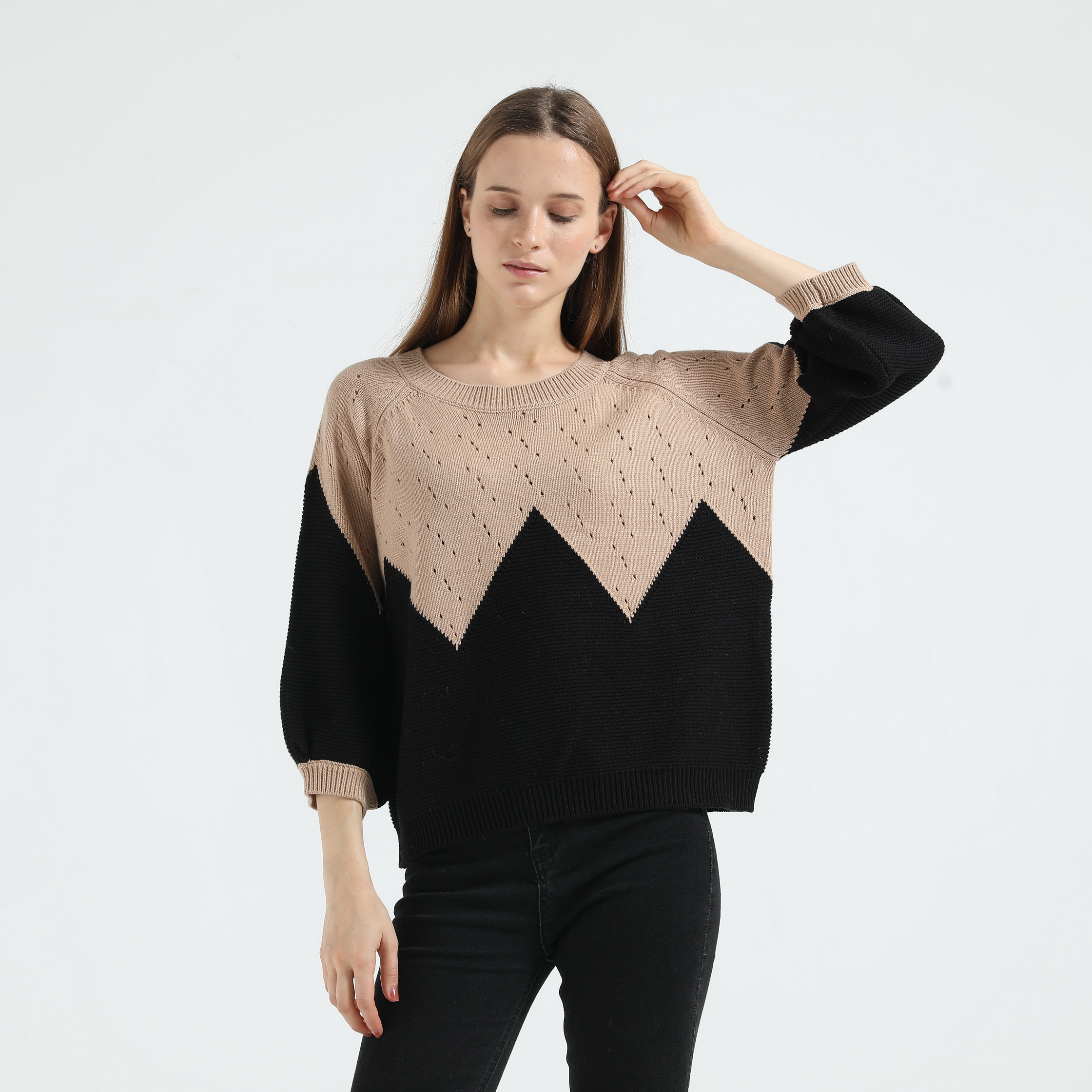Custom Logo Knitted Pullover Sweater 2020 Top Fashion Custom 3/4 Sleeve Crew neck Women Clothing Ladies Intarsia Sweater