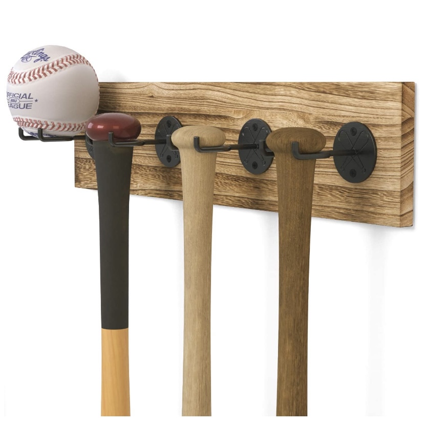 Wooden baseball bat sports memorabilia display stand 4 partition wall mount