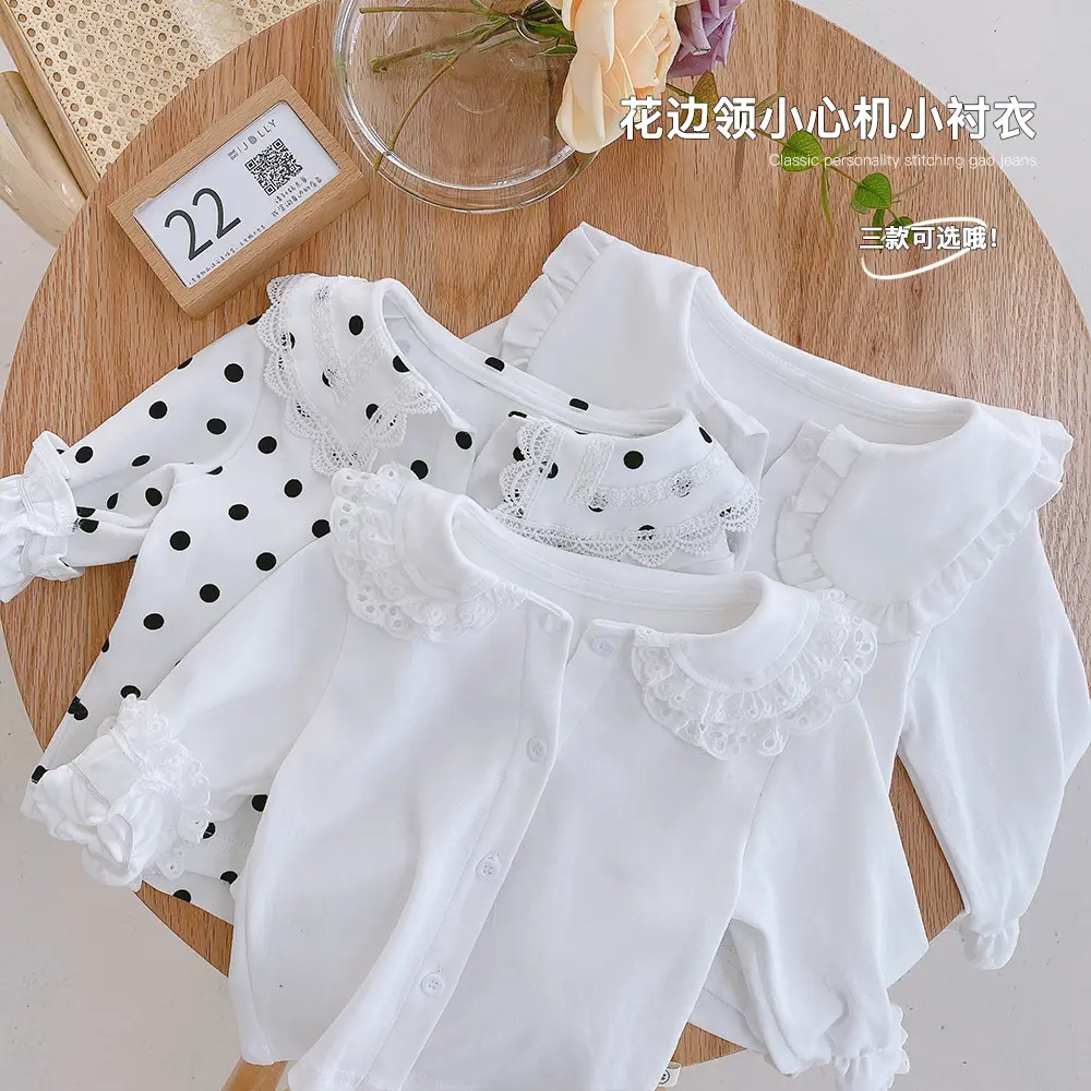 Children's Wear 2021 New Spring Cotton Full Sleeves Lace Dots Baby Girls Blouses