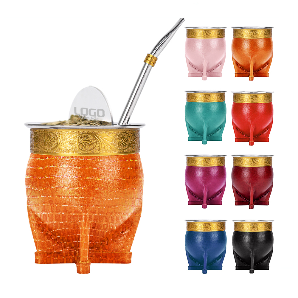 Customized Imperial Yerba Mate Cup Crocodile Pattern Handmade Leather 200ml Mate Gourd with Bombilla(Straw) Cleaning brush