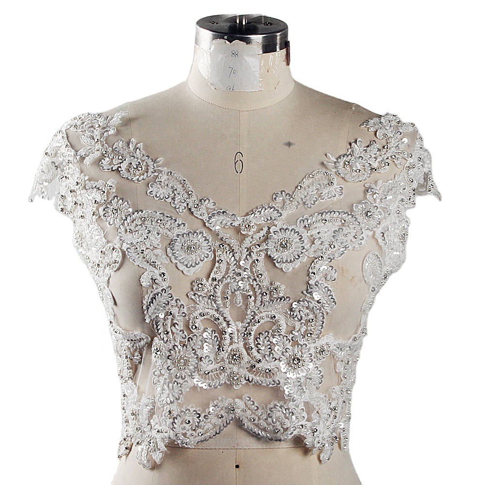 RSJ152 Ivory Tulle Silver Crystal Beaded Lace Appliques v Neckline Wedding Bolero Wedding Jackets / Wrap