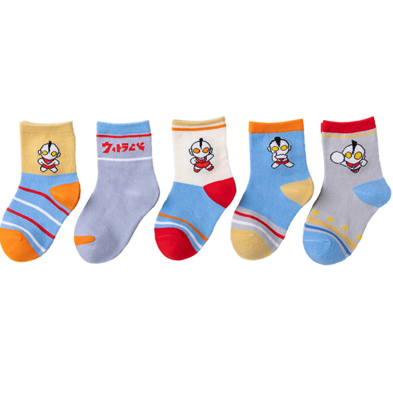 5 Pairs/pack Multi Colors Cartoon Dinosaur Ultraman Hero Tiger Pattern Tube Boys Socks