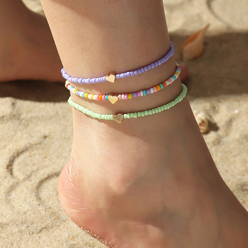 Beach Small Fresh Rice Bead Anklet Set Heart Colorful Bohemian Boho Jewelry Foot Chain