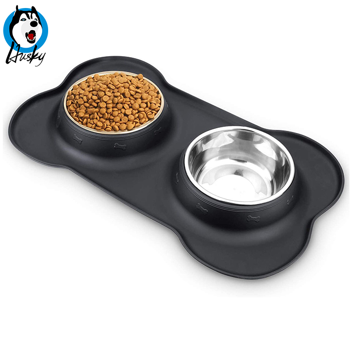 Foldable Silicone Base Double Pet Feeder Collapsible Double Stainless Steel Dog Bowls