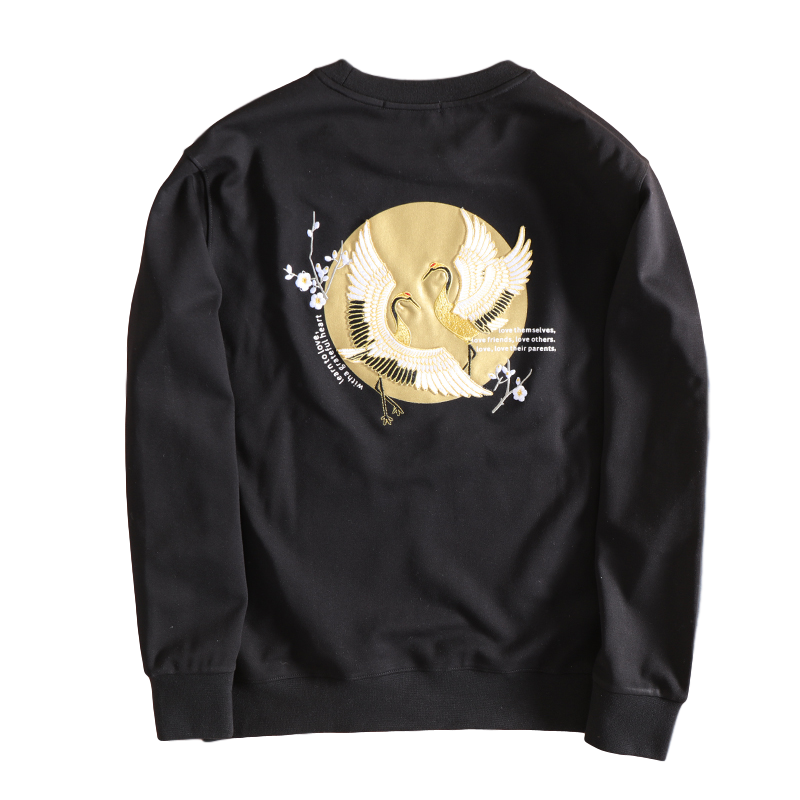 100% heavy cotton Roman cranes embroidery men gold blocking round neck terry casual all-match hoodie