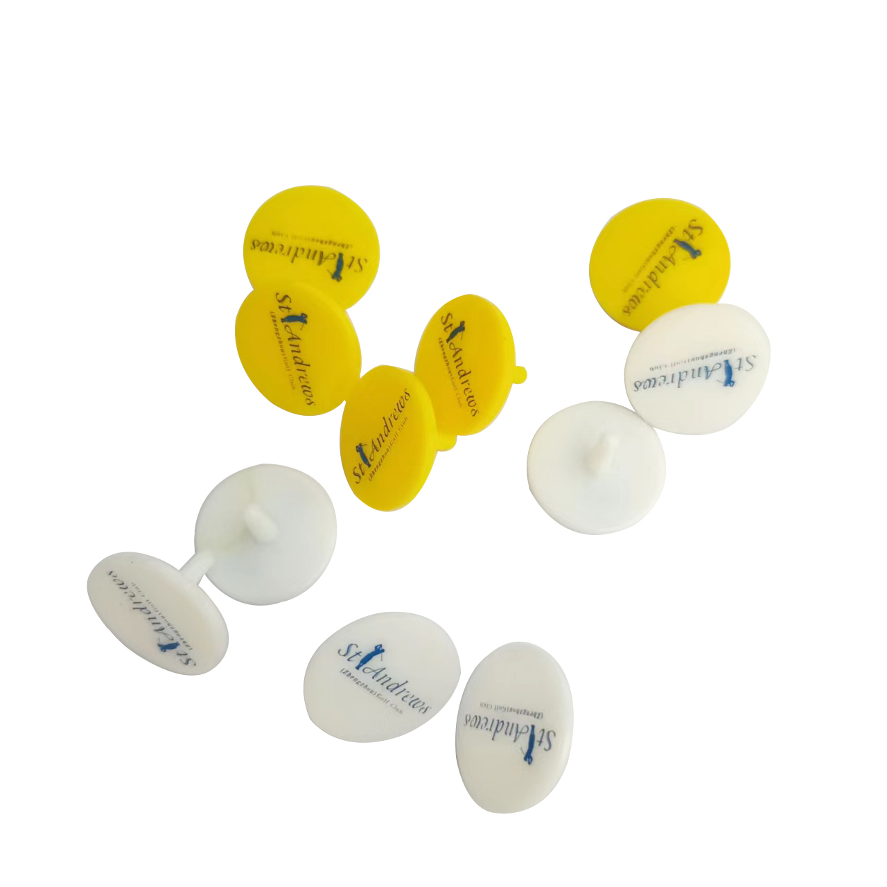 Wholesale OEM logo yellow white golf-tee marker other golf products round shaped plastic golf play tools