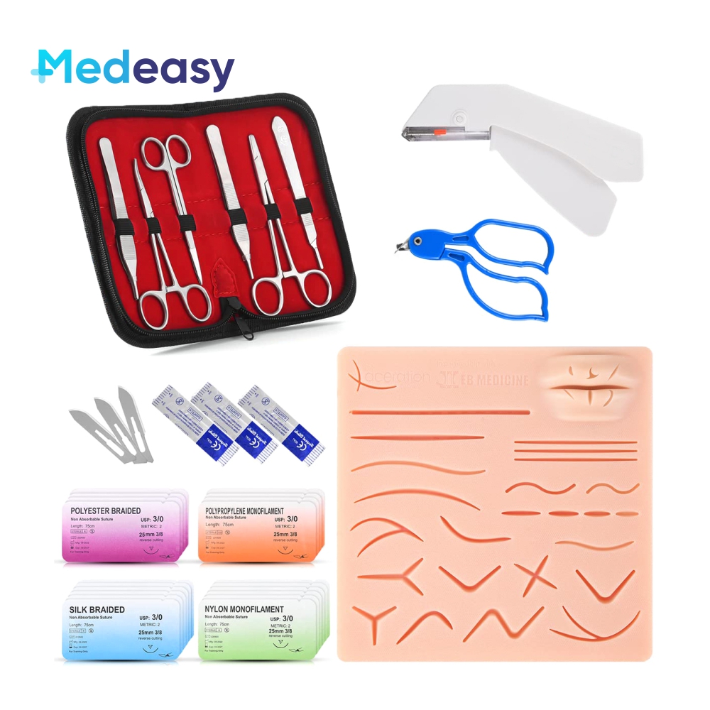 Suture Practice Training Kit for Medical Students With Large Silicone Lip Suture Pad, Instruments, Skin Stapler Remover