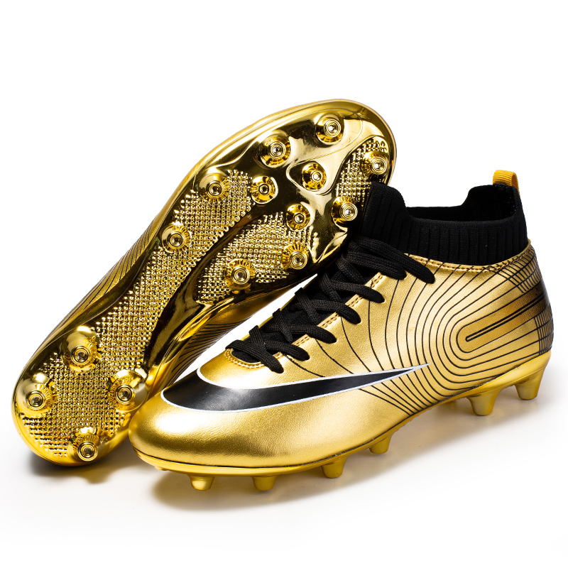 Wholesale high quality soccer shoes made in Jinjiang, China, high top gilded sole soccer shoes