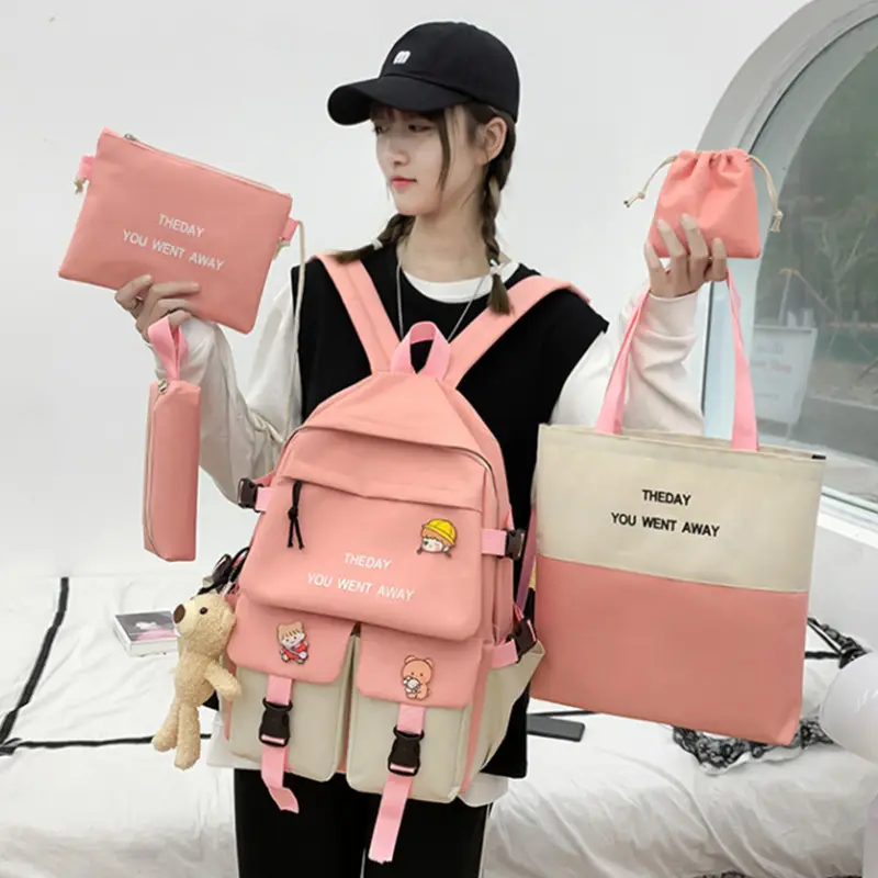 New 5-piece set schoolbag girls colorful student schoolbag fashion alphabet campus student backpack