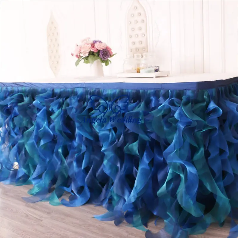 SK010M different design Christmas birthday party royal blue navy blue and green mixed organza curly willow table skirt
