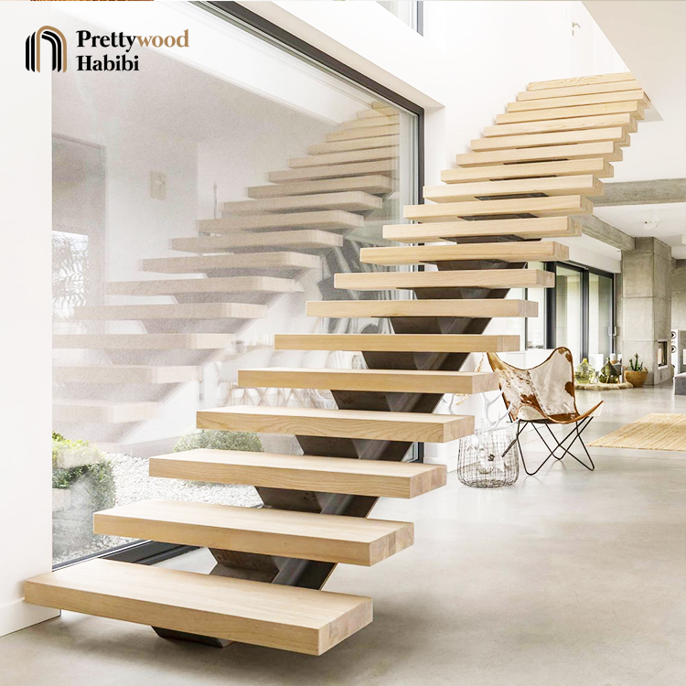Современная внутренняя деревянная лестница Prettywood, плавающая Прямая лестница, индивидуальный дизайн интерьера лестницы