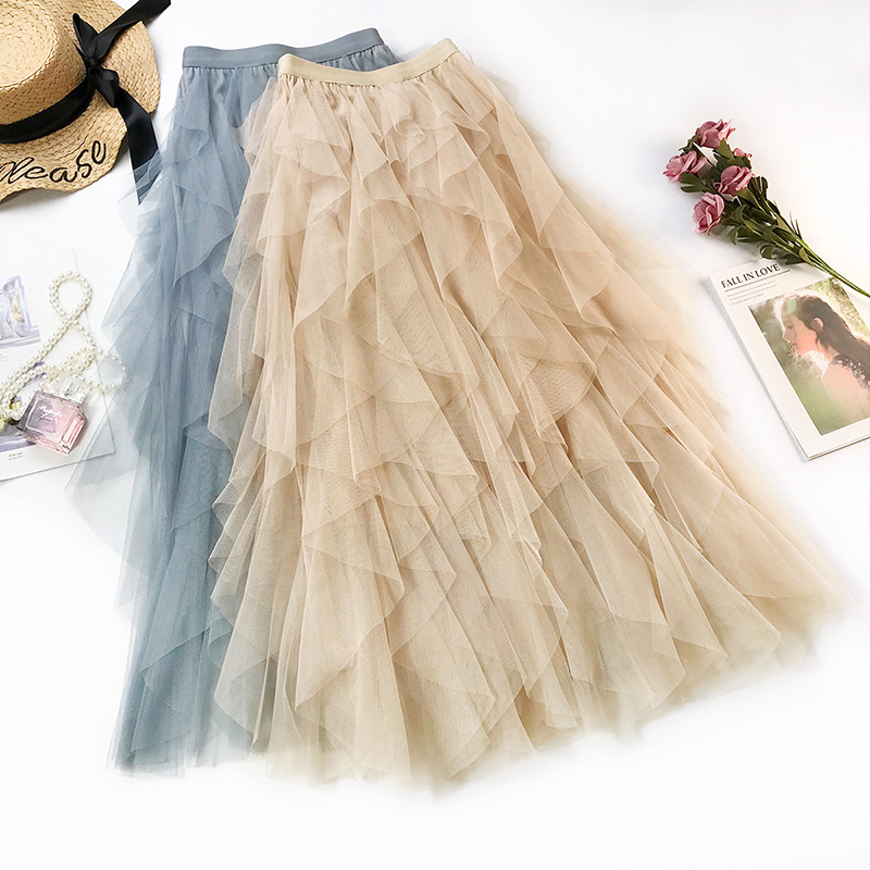 New Fashion Long Skirt Tulle Irregular Layer High Waist Long Skirts For Women