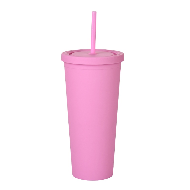 Wholesale 24oz Pink matte coating straight double wall plastic tumblers lids and straws drink plastic tumbler