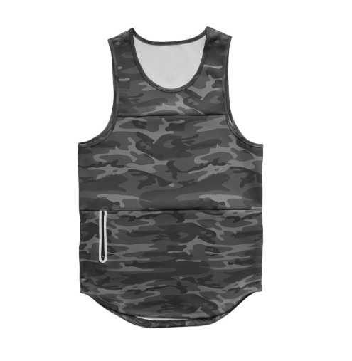 Men Camouflage Printed Rounded Curved Hem Tank Tops With Heat Transfer Print Zip Pockets