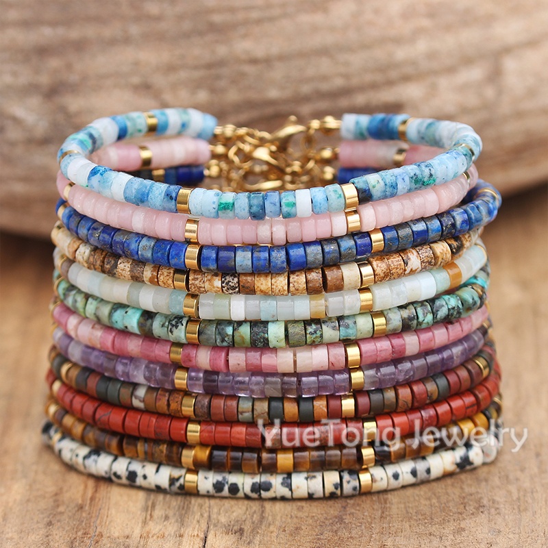 18k Gold PVD Stainless Steel 2x4mm Natural Stone Beads Dainty Bracelet Women Clasp Chain Adjustable Healing Bracelet Wholesale