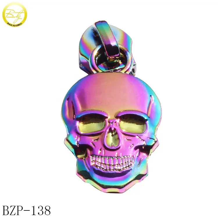 Name Tags For Bags Hot Selling Zinc Alloy Bags Puller Slider Accessory Custom Rainbow Skull Logo Zipper Puller Tags For Clothing