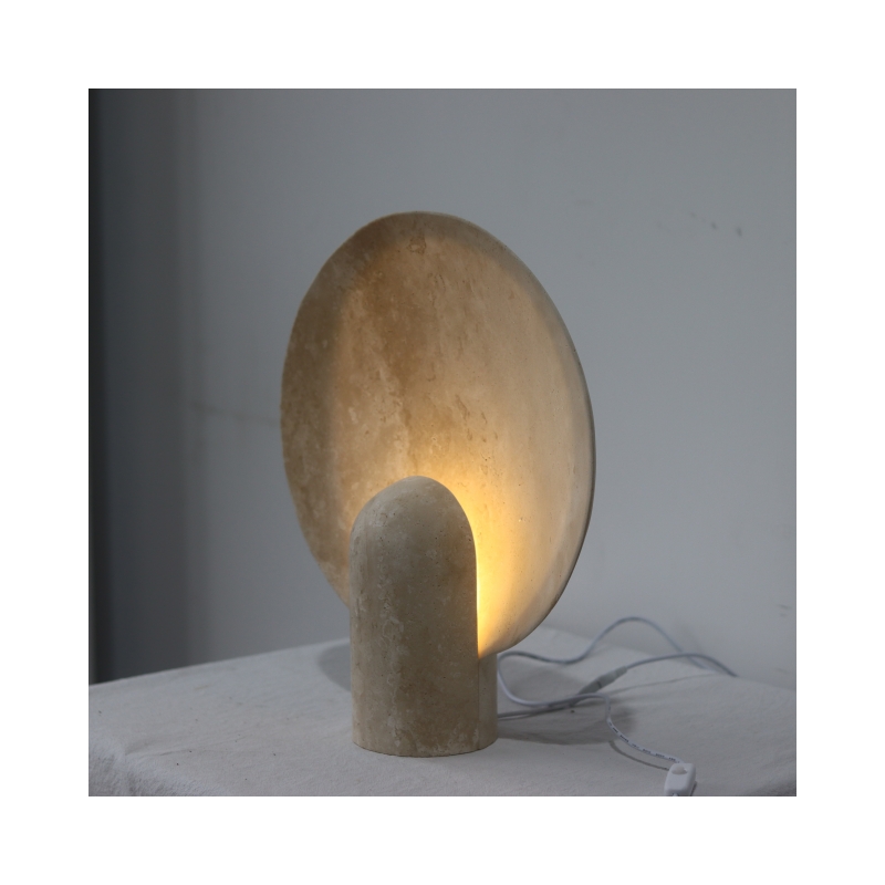 SH STONE Home Decor Natural Stone Round Shape Beige Travertine Bedside Lamp Marble Villa Decoration Desk Table Lamp
