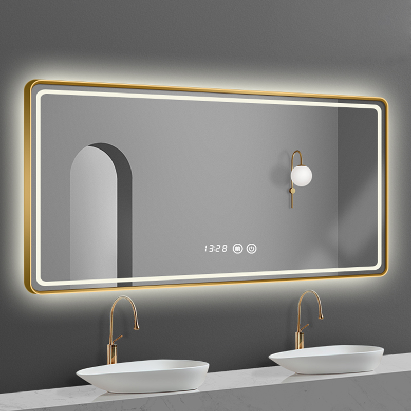 Bathroom wall metal frame LED gold mirror Hotel toilet makeup mirror Black frame smart light smart mirror