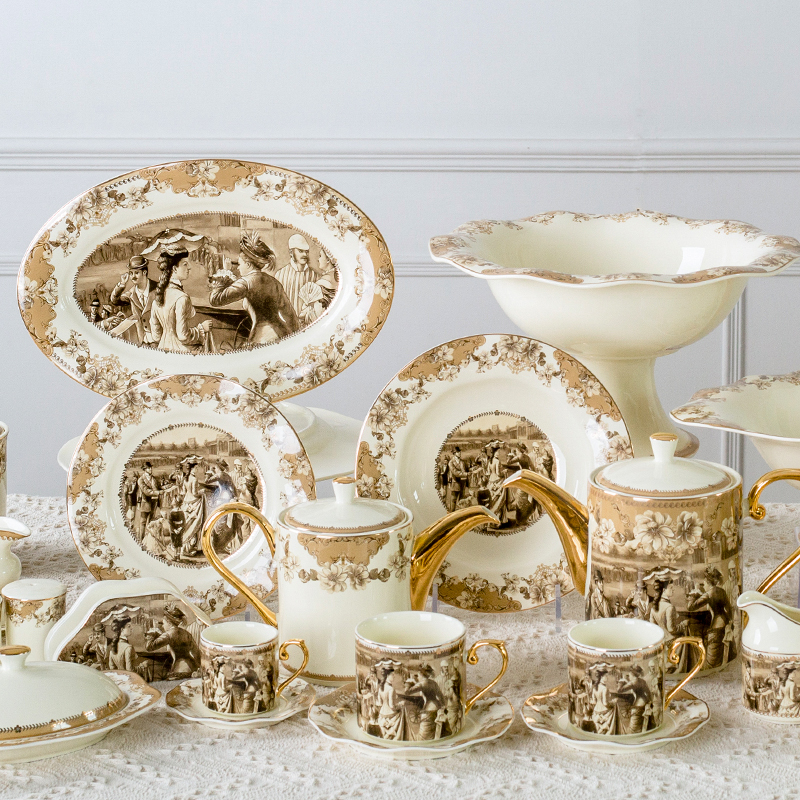 Medieval royal style Light yellow glazed elegant decal design porcelain plate bowls new bone China ceramic dinner set for feast