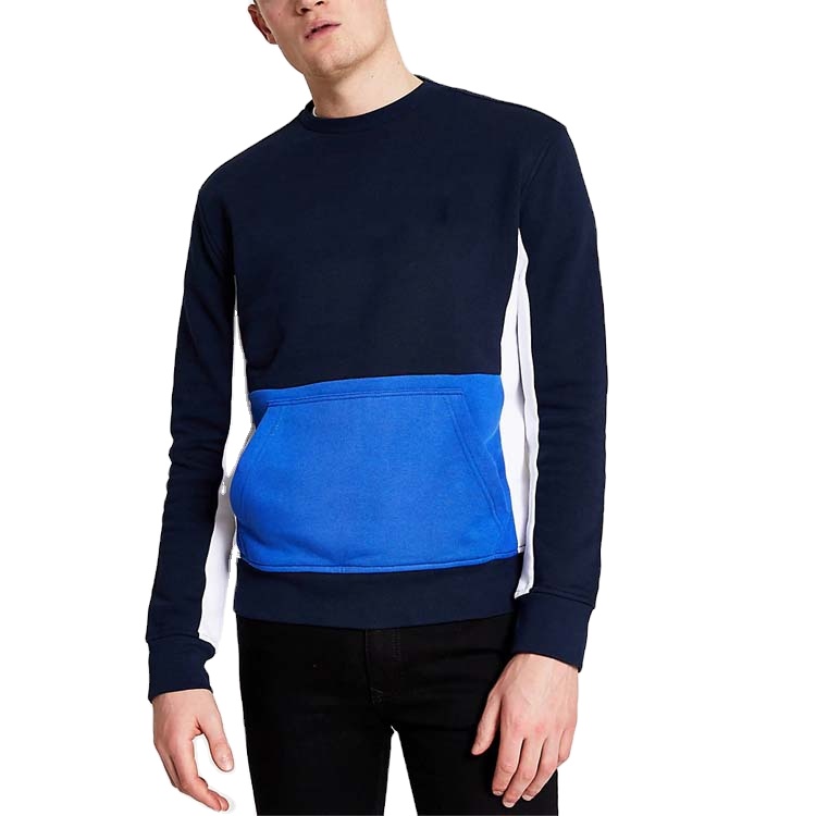 Blue Colour Blocked Kangaroo Pocket Crew Neck Men Sweatshirt