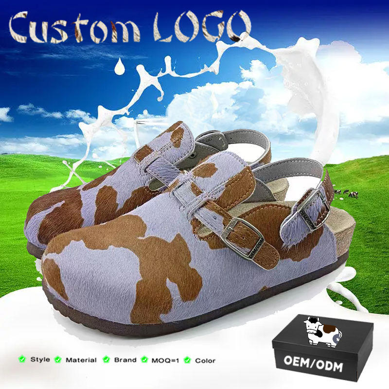 New design Wholesale Western Style Soft Buckled Start Print Cow Animal plush leather custom slippers semi -encircle