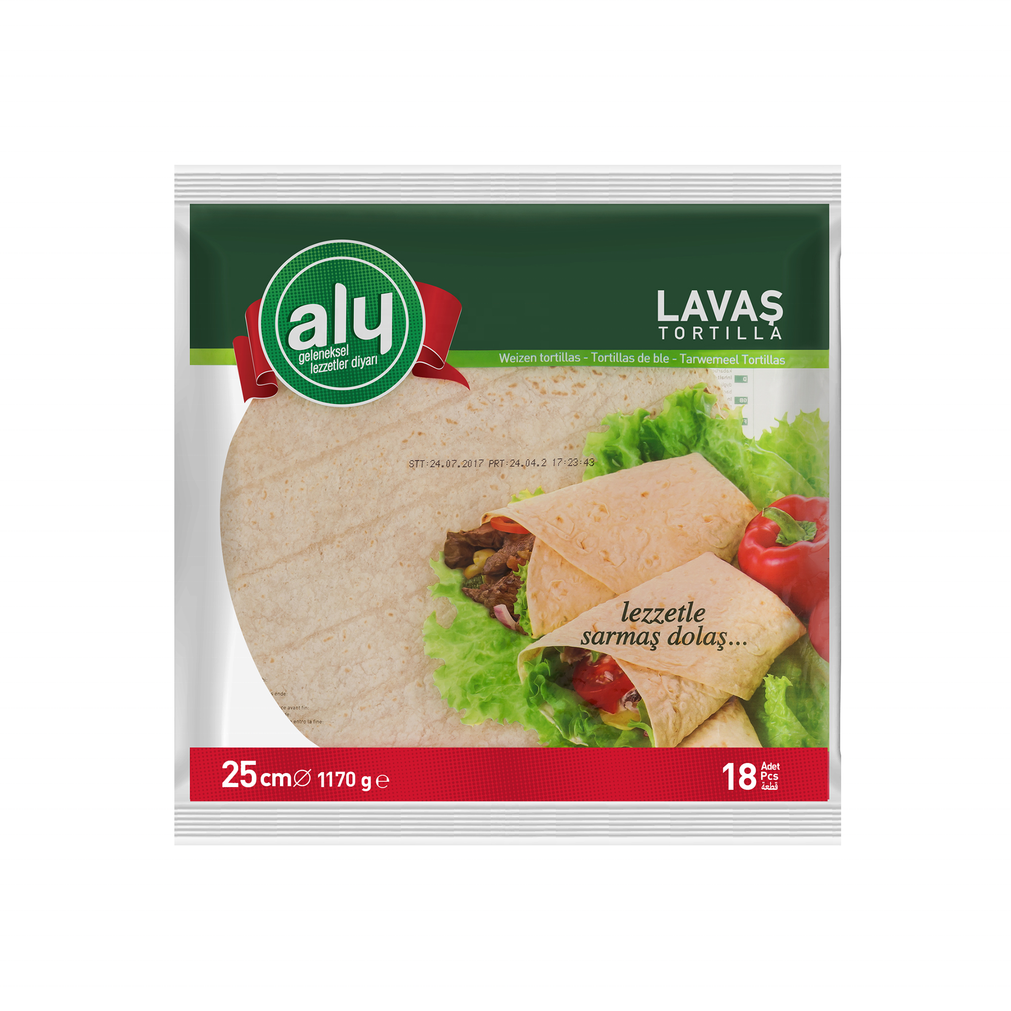 Tortilla 25 см 18 шт. пшеничная мука оригинальный бренд Aly пакет с замком zip-lock 1170 г (6 упаковок в одной коробке)