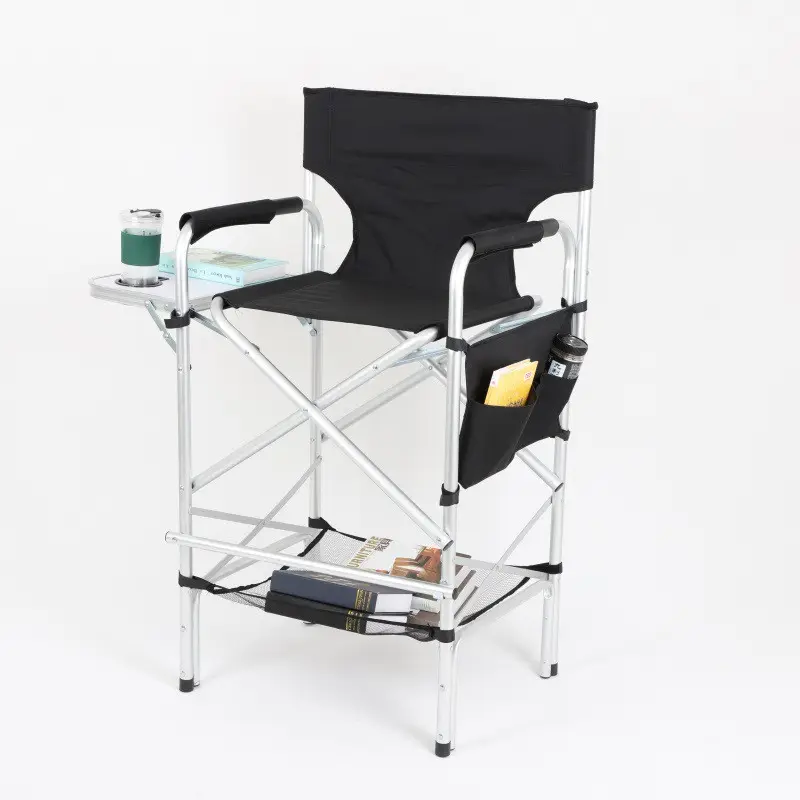 Folding Tall Aluminium Director Chair Portable Artist Makeup Chair with Side Table and Storage Bag
