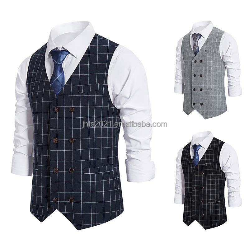 J&H fashion New Ropa De Hombre Plus Size Collar Shirt White Longsleeve Double Breasted Waistcoat Waiter Uniform Plaid Vest