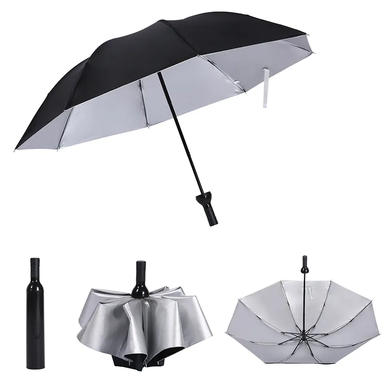 Anti-UV sun Protection Outdoor Paraguas Parapluie Sombrillas Custom 3 fold Folding Wine bottle Umbrella