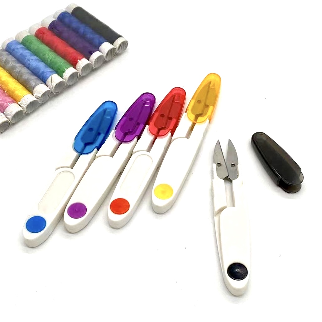 Hot sale stainless steel cross stitch scissors with cover 5 colors household U-shaped sewing scissors