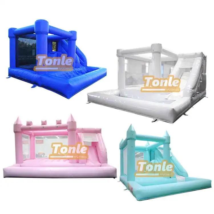 Hot sale green pink white wedding inflatable bounce house water slide white bouncer castle with ball pit