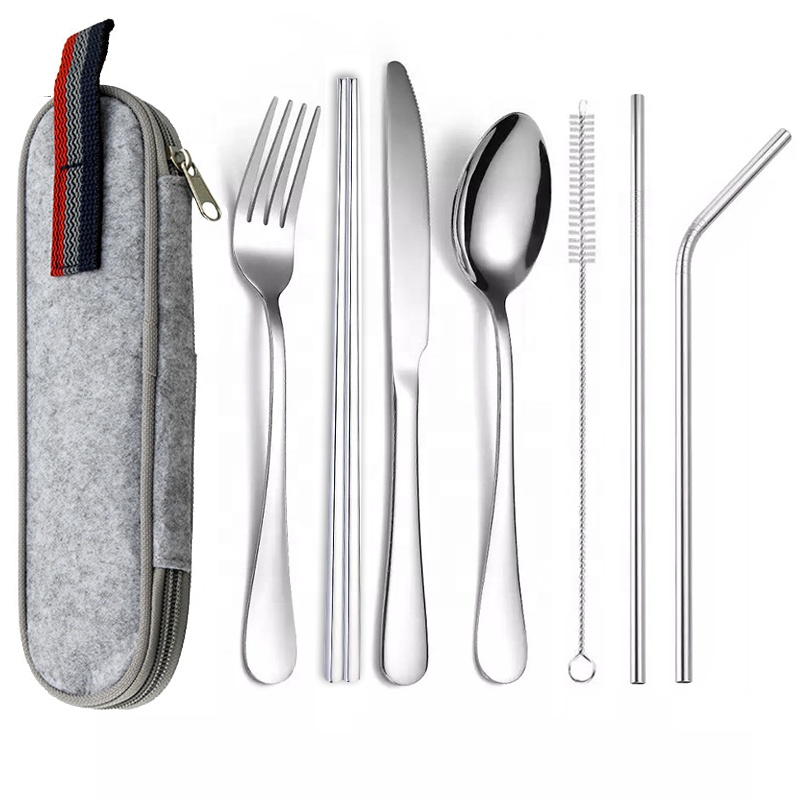 Personal portable stainless steel 304 (18/10) travel cutlery flatware set chopsticks straw with case for camping picnic