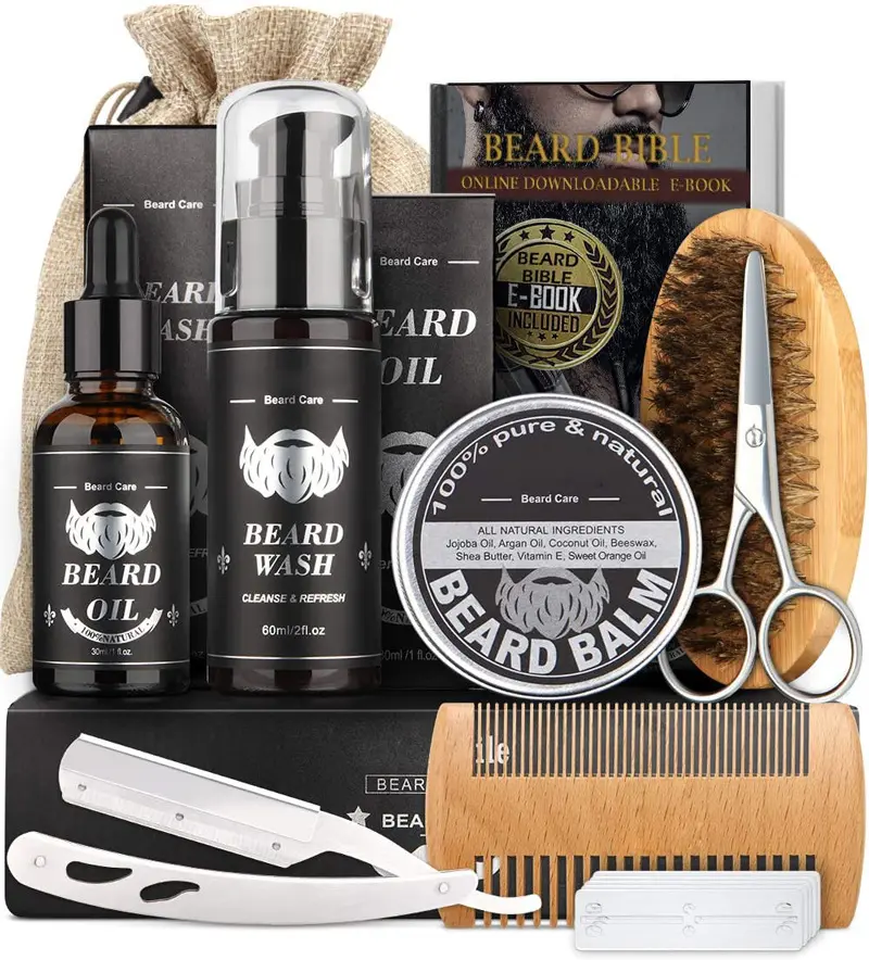 Private label Mens skin care set grooming product wash shampoo butter balm beard growth oil beard kit
