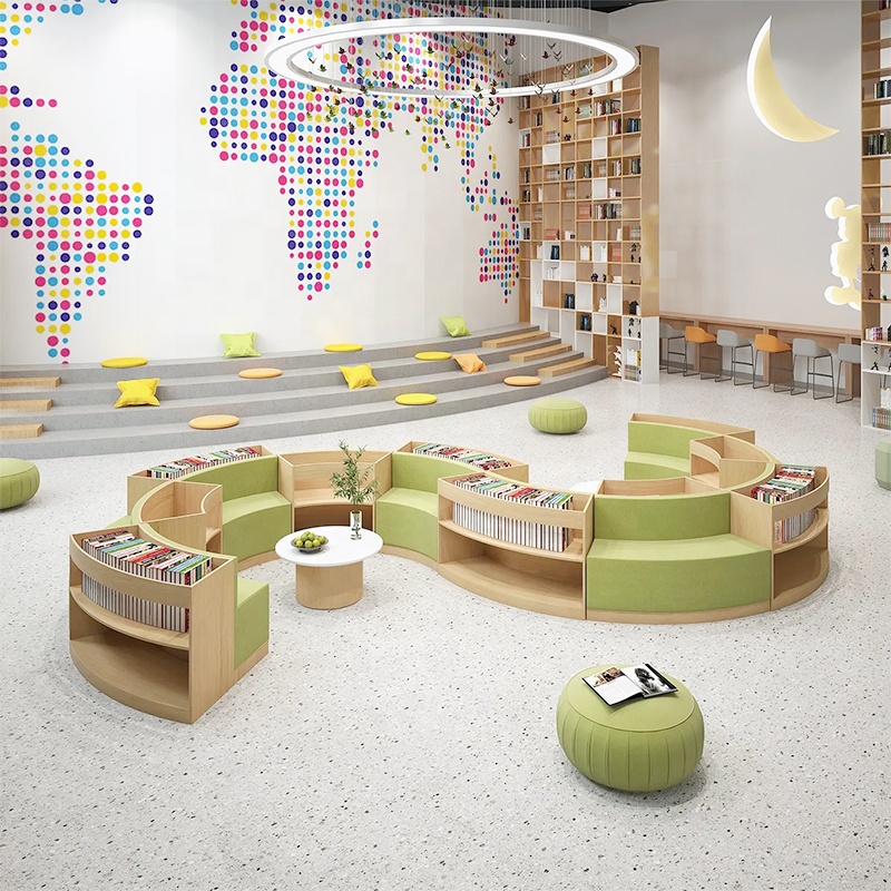 school furniture Modular library furniture leather sofa sets s-shaped sofa set with bookshelf