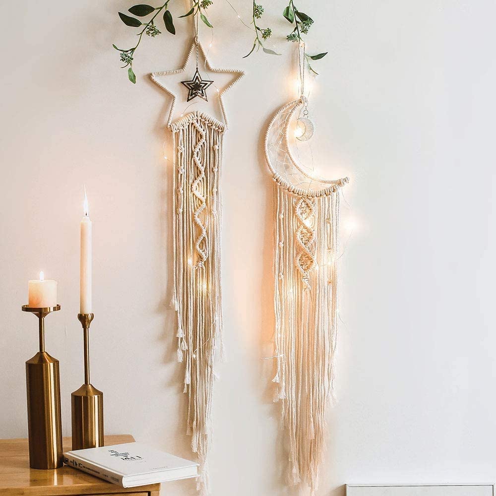 Moon Star Dreamcatcher Handmade Macrame Dream Catchers Half Circle Moon with Pearl Bohemian Cotton Woven Wall Hanging