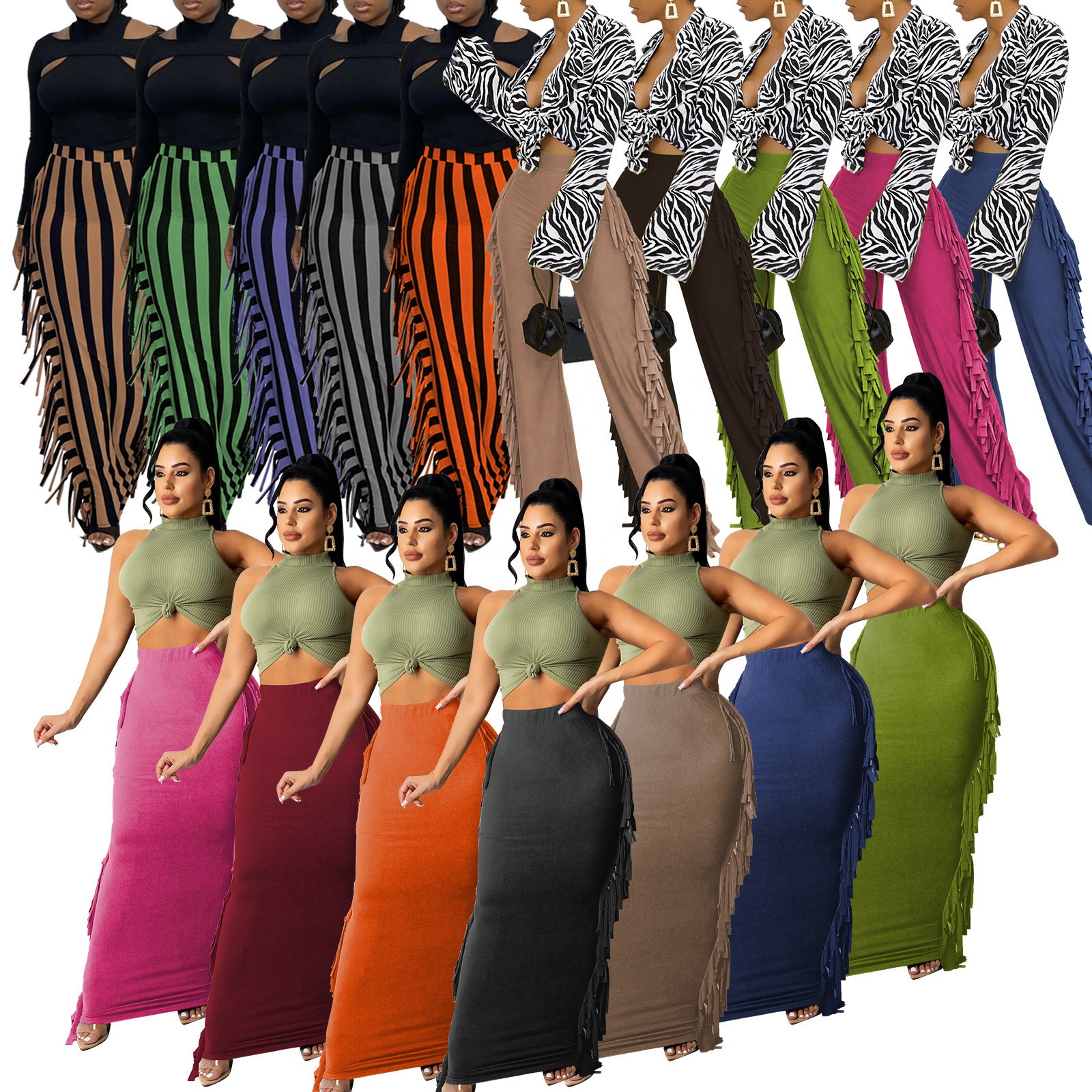 QIANZI High-Quality Brushed fabric Womens fall clothing 2021 stripe printing tassel dress street wear fringe long skirts