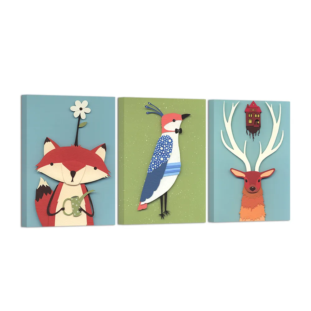 3 Panel Canvas Wall Art Fox Deer Bird Forest Animals Picture Artwork Kids Children Bedroom Nursery Wall Decor