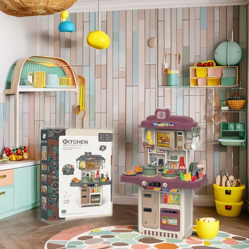 Children's Educational Kitchen Pretend Play Set with Realistic Accessories Includes Stove Coffee Maker Washing Machine Toy