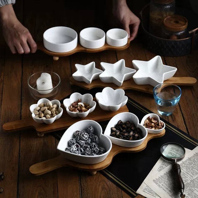 Ceramic Custom Heart Flower Star Shape Dry Fruit Plate Snack And Dessert Dish With Wooden Tray