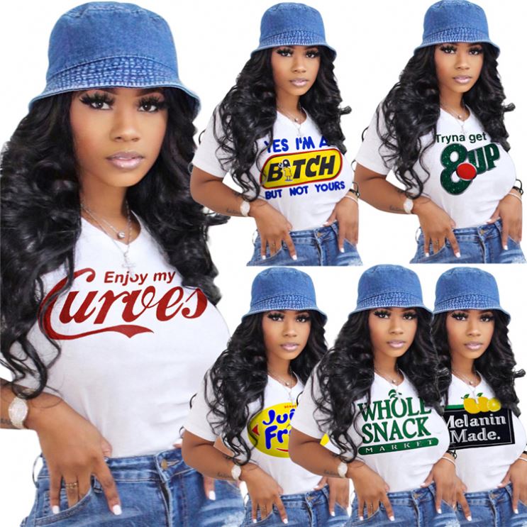 Wholesale 2021 Summer Casual White Letter Printed Abbigliamento Donna Short sleeve Top Shirts Fashion Clothing Womens T Shirt