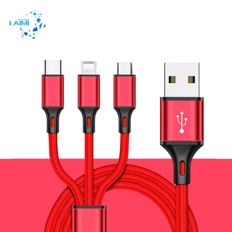 LAIMI Custom Logo 3 in 1 USB Nylon Braided Cable All In One Anti-flolding Charging Cord Multi Function Mobile USB Cable