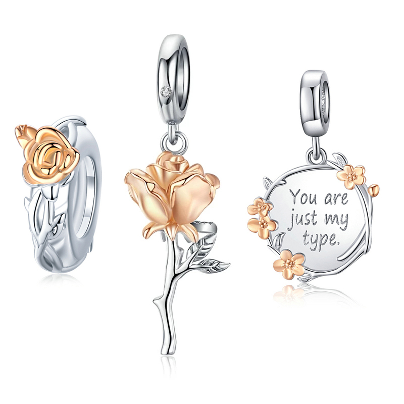 SEM 3D Rose Flower Pendant Charm 925 Sterling Silver Rose Gold Color Charms for Bracelet or Necklace DIY Bijoux